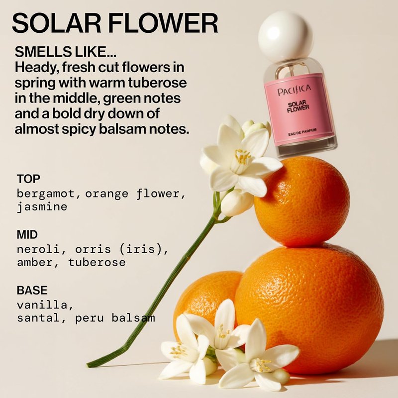 Pacifica Solar Flower Eau de Parfum - Floral Jasmine & Bergamot Spray, Vegan & Long-Lasting, 1 Fl Oz