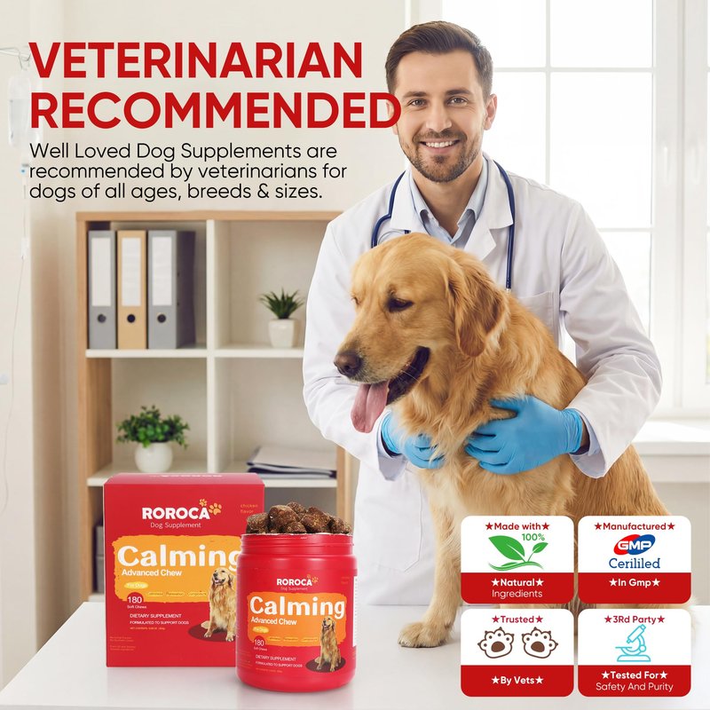 ROROCA Calming Chews for Dogs - Herbal Formula for Dog Anxiety Relief, Long-Lasting 24-Hour Composure&Relaxation,Melatonin for Dogs, Great Value, USA & Globally Sourced Ingredients180 Count