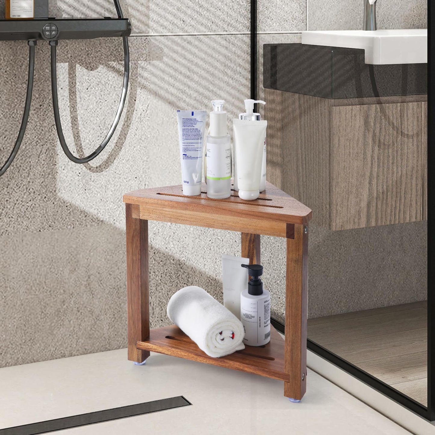 Yaoyiizy Shower Foot Rest 13.5in, Acacia Wood Shower Stool for Shaving Legs, Small Foot Stool with Storage Shelf, for Inside Small Shower Spaces