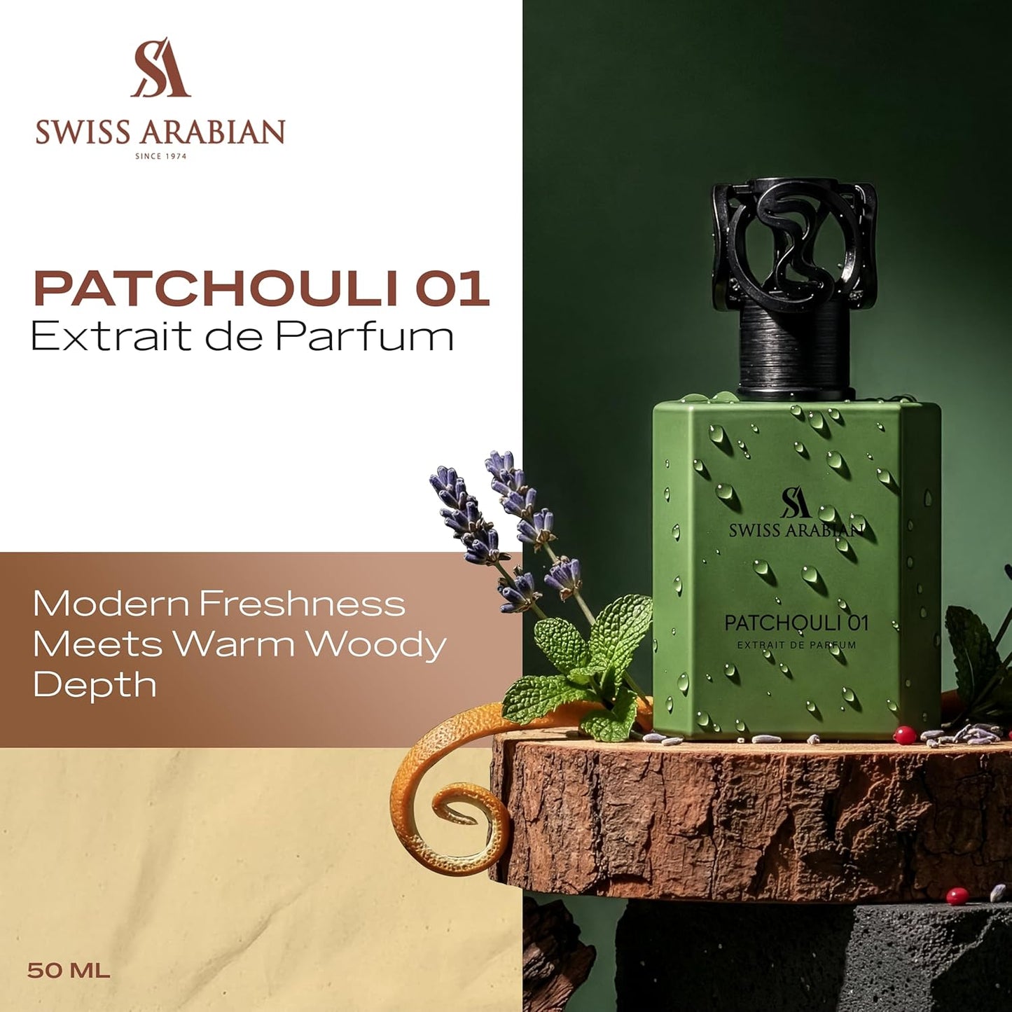 Swiss Arabian Patchouli 01 Cologne - Long Lasting Unisex Eau de Parfum with Lavender Mint Notes | 50ml Heritage Collection
