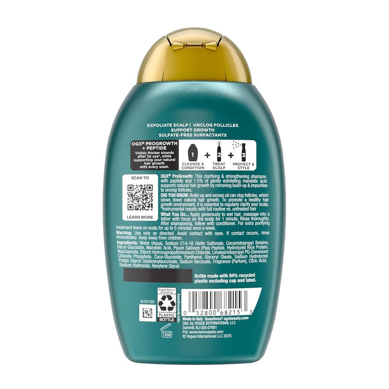 OGX ProGrowth + Peptide Clarifying Shampoo - Gentle Exfoliating Scalp Cleanser for Natural Hair Growth | 13 fl. oz