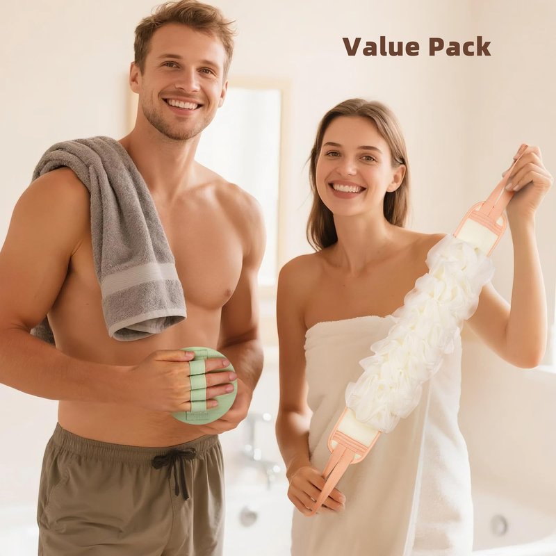 3-Pack Bath Scrubber Kit: 2 Silicone Exfoliating Pats & Double-Sided Long Handle Back Scrubber Bath Puff for Deep Cleansing. (Pink & Green & Pink)