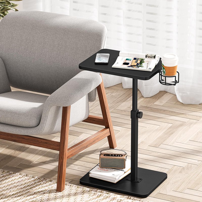 Giikin Side Table, 360 Swivel & Height Adjustable TV Trays for Eating on Couch, Sofa Armrest TV Tray Table with Cup Holder for Small Spaces, C-Shaped, Black, 11.8" D x 15.8" W x 31" H