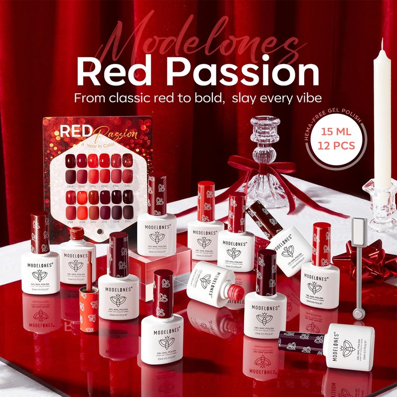 modelones 12Pcs 15ML Red Gel Nail Polish Set, Same Bottle Same Bottle Burgundy Cherry Dark Red Cat Eye Glitter Color Changing Hema Free Gel Polish Kit with Magnet Soak Off Manicure Nail Art DIY