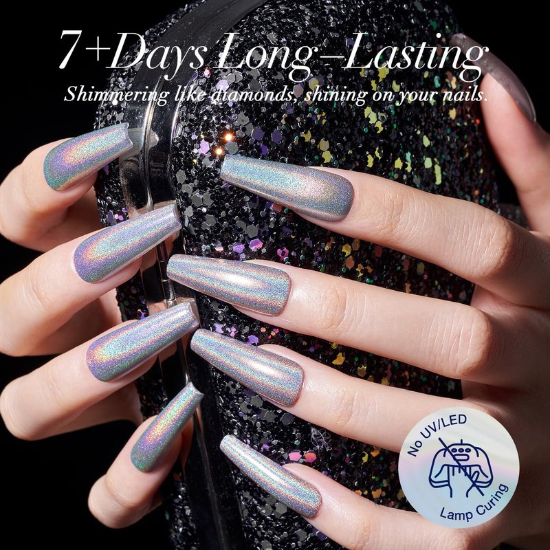 AZUREBEAUTY Holographic Nail Polish no Gel Fast Drying Silver Iridescent Natural Nail Lacquer High Shine DIY Salon Home Women Gifts 10ml
