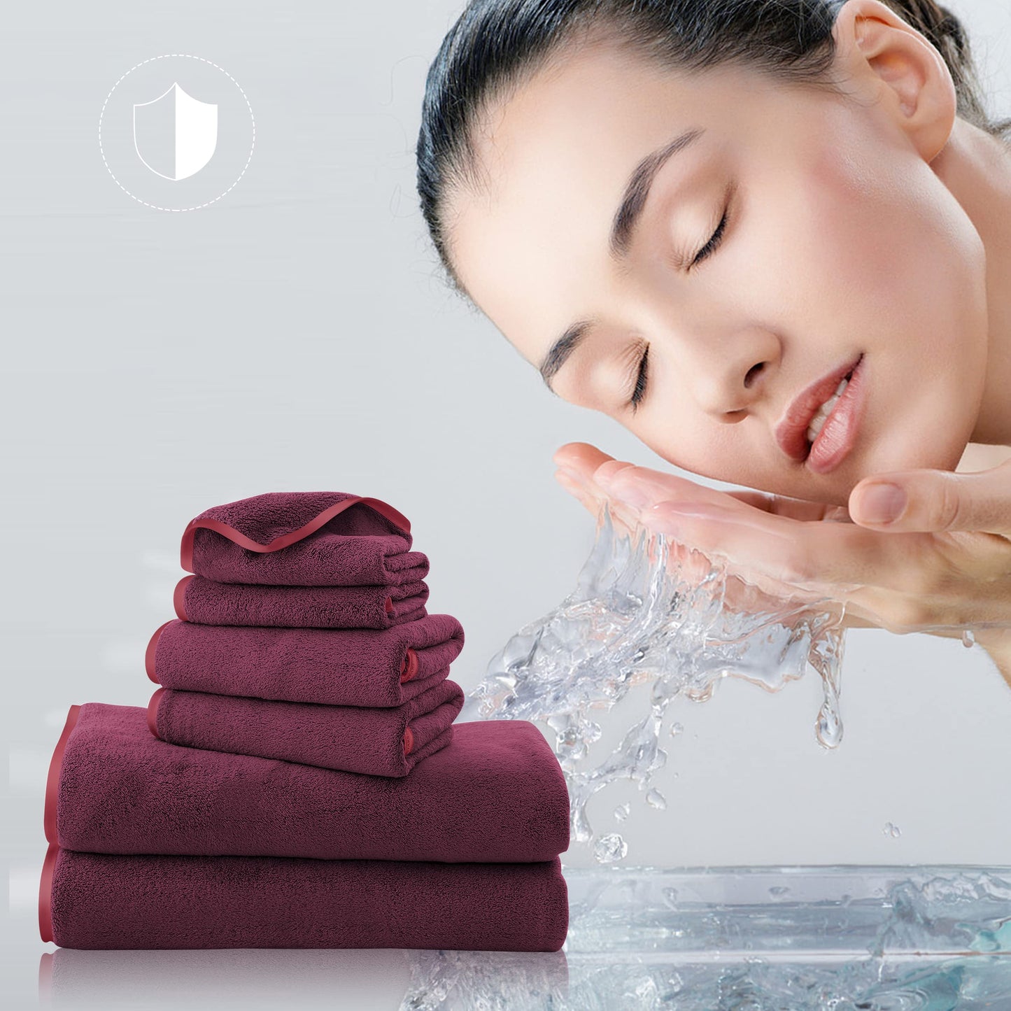 TENSTARS Microfiber Coral Velvet Luxury Silk Hemming Towel Set - Light Thin Quick Drying - 2 Bath Towels, 2 Hand Towels, 2 Washcloths - Burgundy 6 Pieces