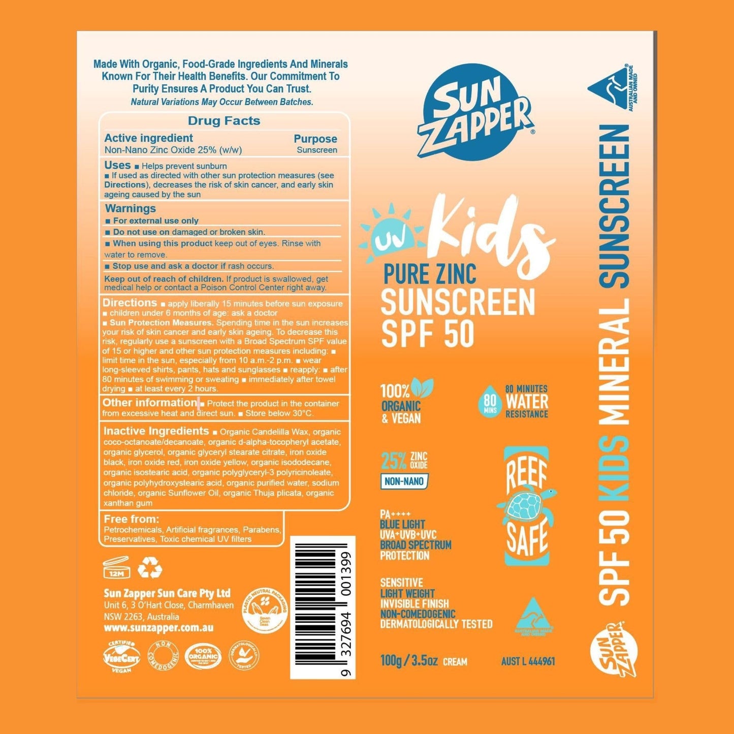 Sun Zapper Kids Pure Zinc Sunscreen SPF 50 – Mineral Sunscreen for Children with Organic Ingredients, 25% Non-Nano Zinc Oxide, Reef Safe, Water Resistant, Fragrance Free, Vegan, 100g (3.5 oz) Pump