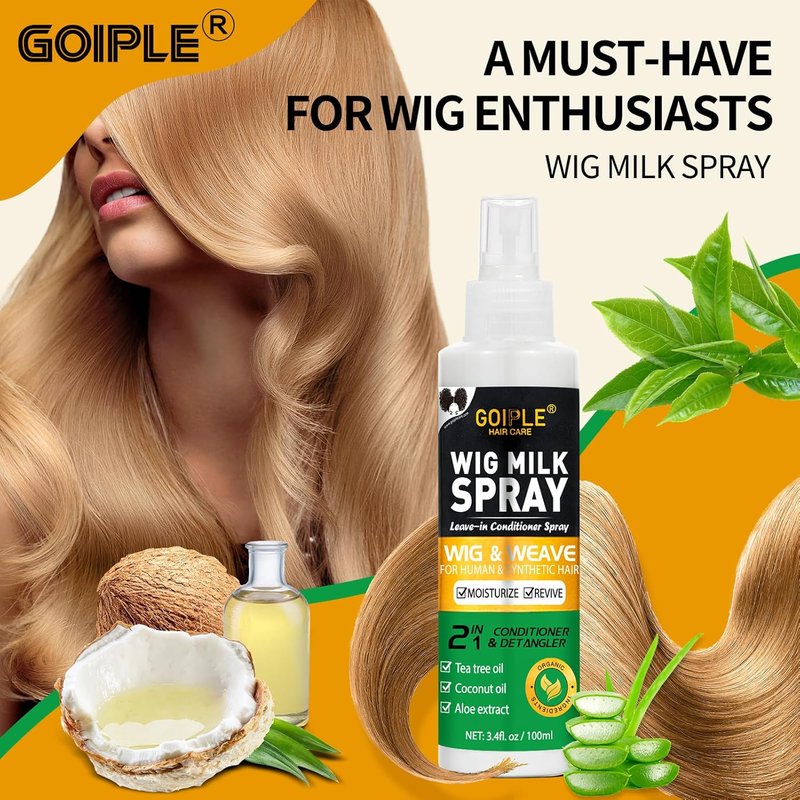 Goiple Wig Milk Spray Wig Spray for Synthetic Hair, Leave-In Conditioner for Hair Wigs, Conditioner ＆ Detangler 2 in 1 Moisturizer, Hydrates & Replenishes Synthetic Wigs Easy Combing (3.4 fl oz)