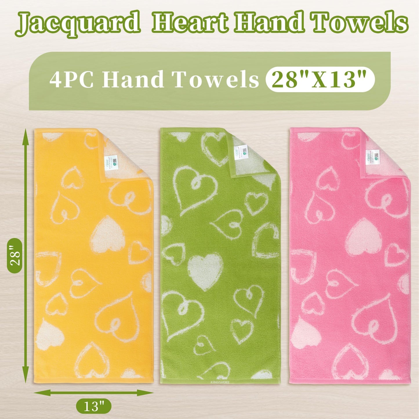 VOOVA & MOVAS 4 Pcs Green Hand Towels with Heart Pattern (13"X28"),100% Cotton - Ultra-Absorbent, Quick-Dry & Lightweight | Face Towels | Soft, Plush Decoratice Towel Set
