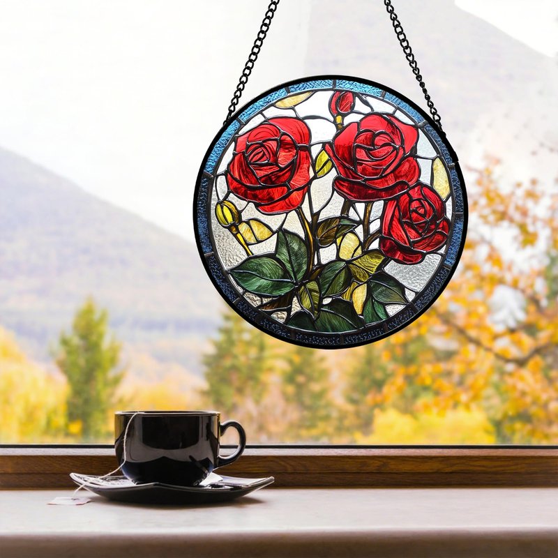 QZQCBLC Stained Glass Window Hanging Red Rose Flower 7.8" - Suncatcher Door Garden Sun Catcher Decor Birthday Anniversary Valentines Day Gifts for Woman Wife Men Her Him Lovers Girlfriend