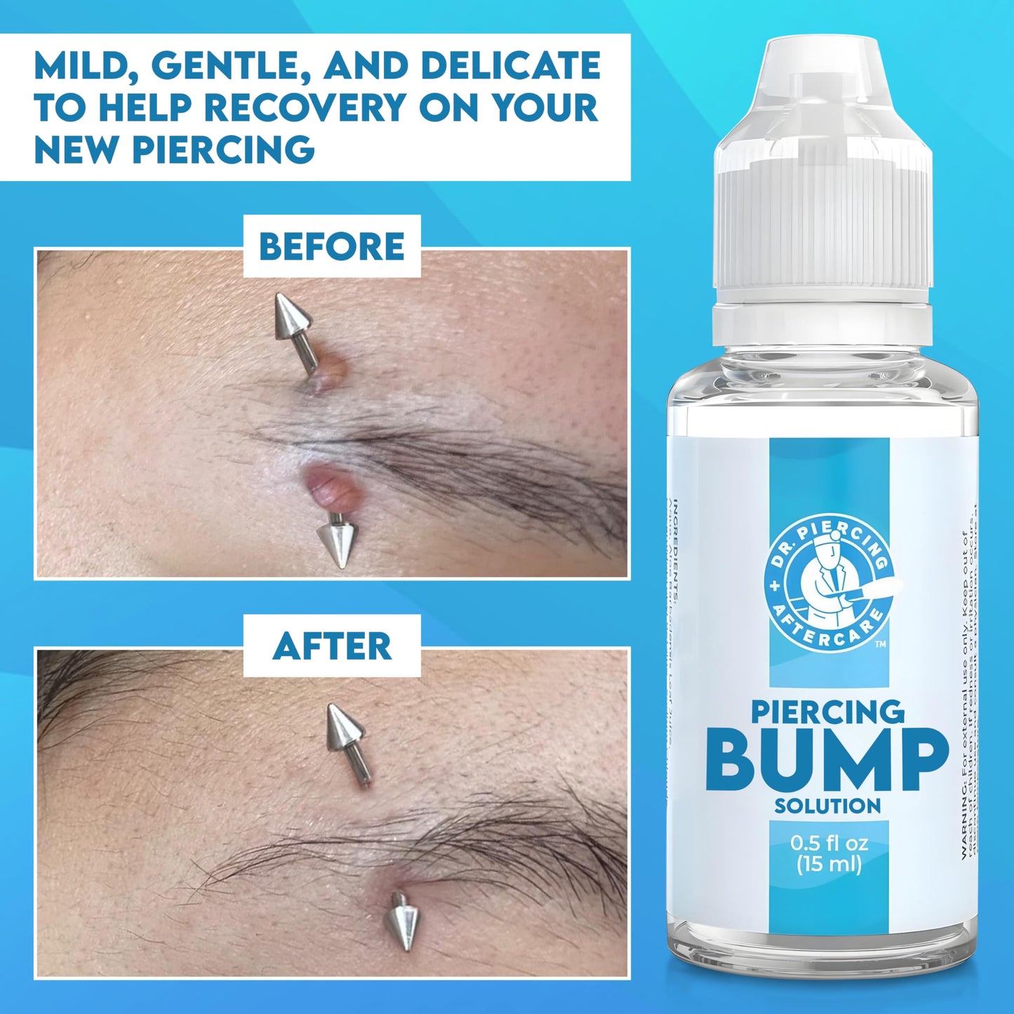 Dr. Piercing Aftercare Keloid Bump Solution Drops 15mL - Gentle Saline Formula with Provitamin B5 for Bump Care - Nose Ear Belly Lip Aftercare Cleaner