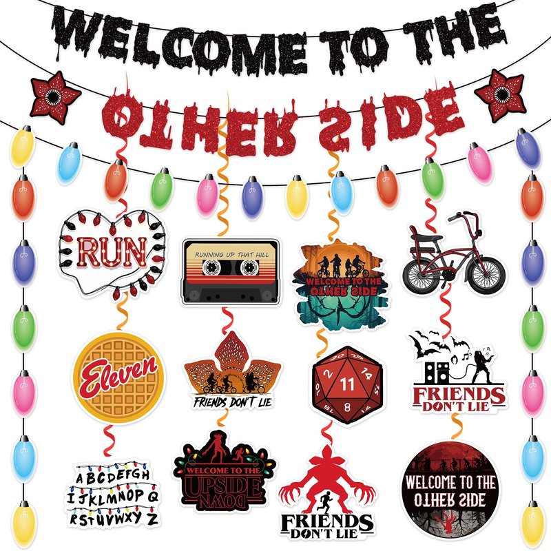 71pcs Birthday Party Decorations Include 3 Pre-Strung Welcome to The Other Side Banner 2 Hanging Banner 12pc Hanging Swirls with 12 Double-Side Cardstock for Party