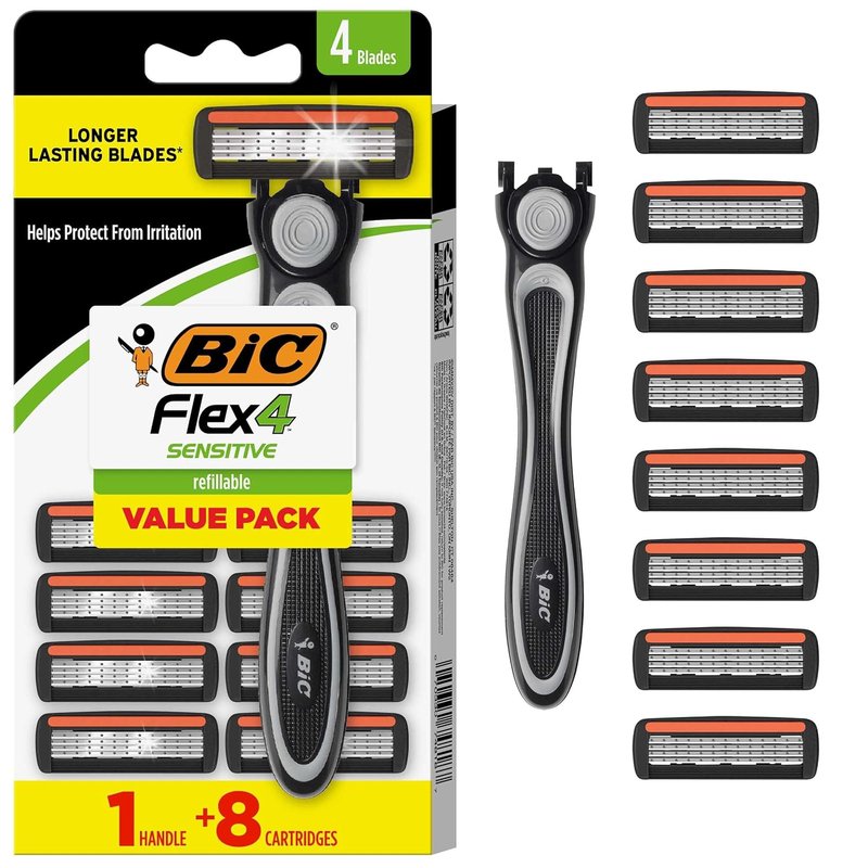 BIC Flex 4 Refillable Razors - Long-Lasting 4 Blade Shaving Kit for Sensitive Skin | 1 Handle & 7 Cartridges