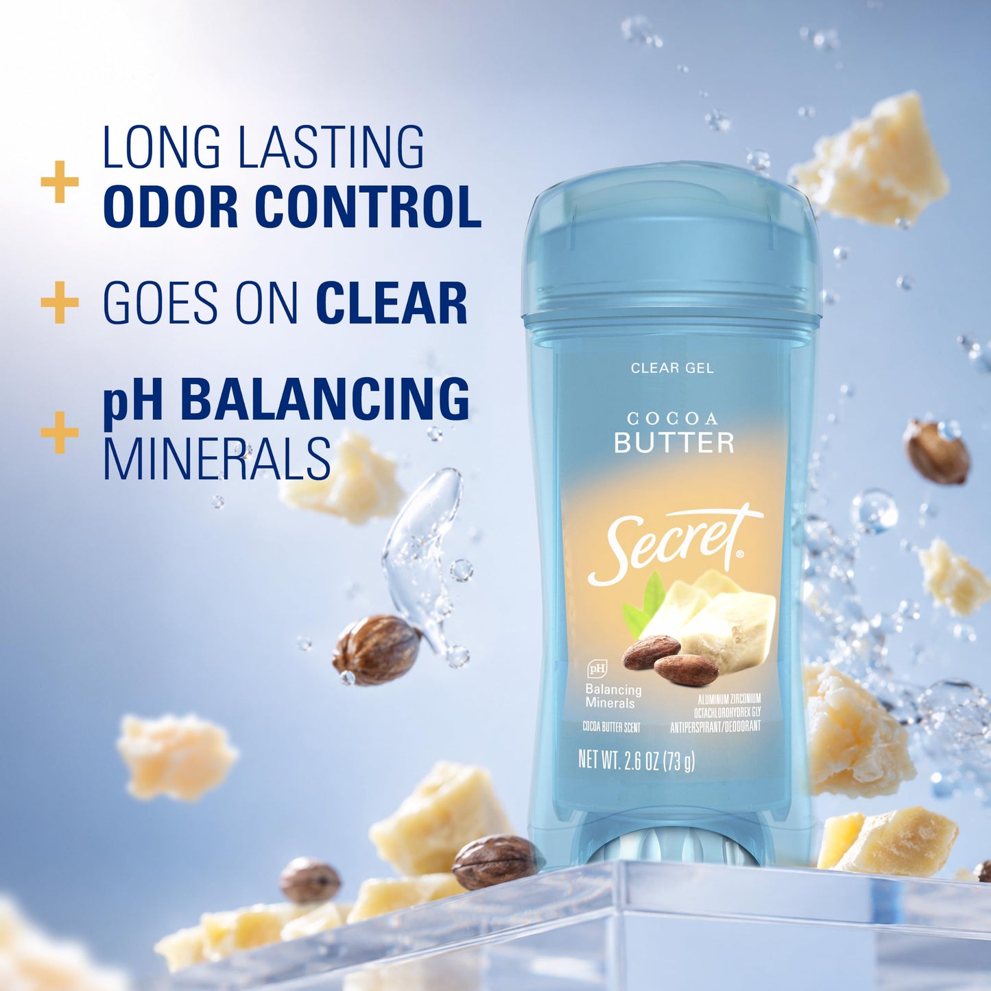 Secret Fresh Antiperspirant Deodorant for Women, 72hr Breathable Sweat & Odor Protection, Instant Freshness & Gentle, PH Balancing Minerals, Clear Gel, Cocoa Butter Scent, 2.6 oz