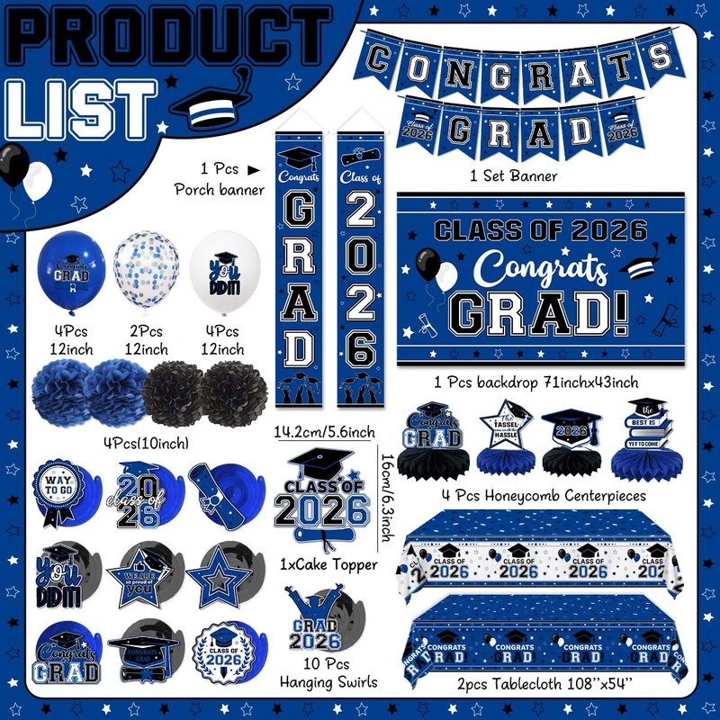Graduation Decorations 2026 Blue Class of 2026 Congrats Grad Backdrop Door Banner Tablecloth Balloons Cake Topper Honeycombs Hanging Swirls for Graduation Party and High School College Celebrations