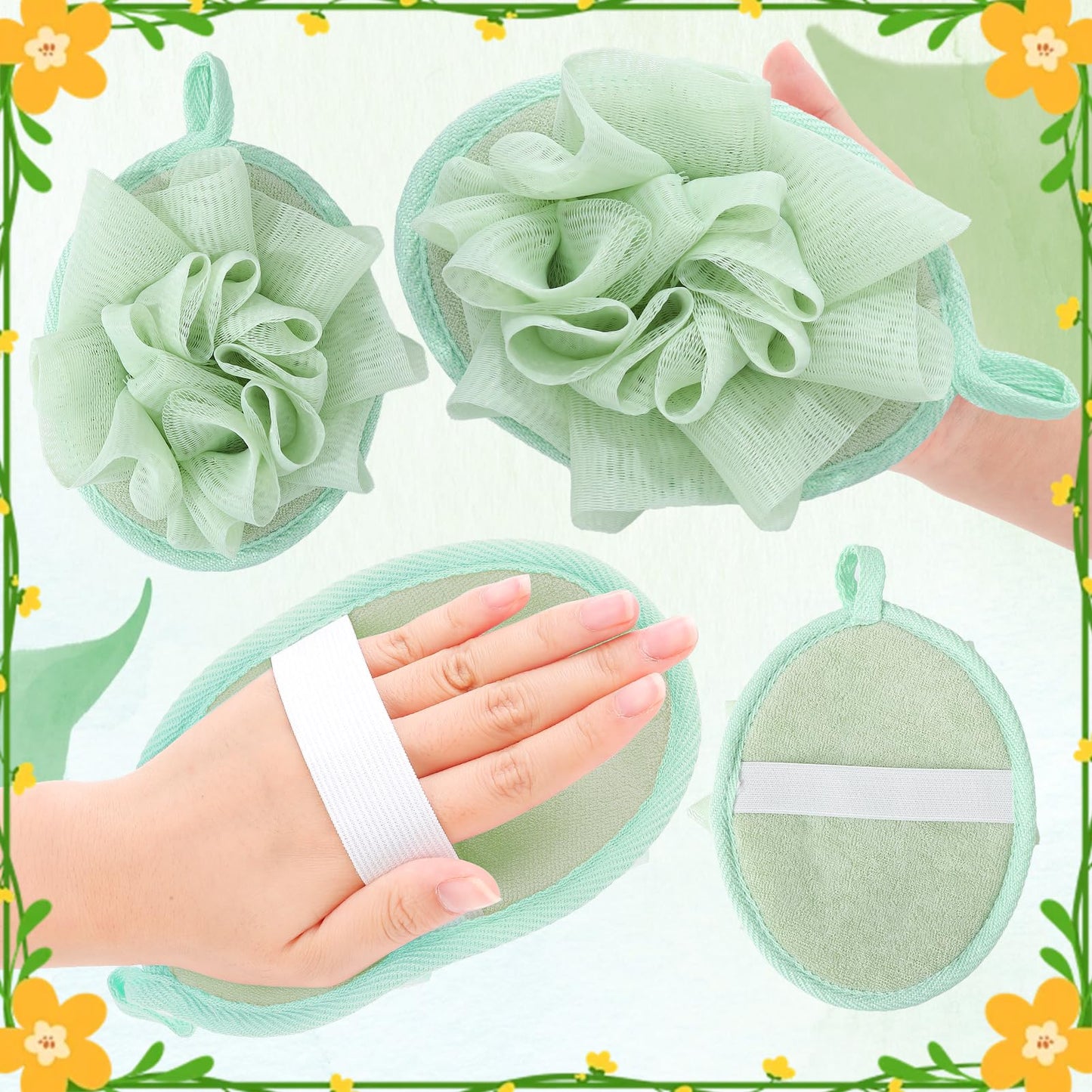 ZhouBoat 4 PCS Exfoliating Bath Sponges Soft Loofah Shower Scrubber with Elastic Hand Strap for Women Men Gentle Skin Cleansing Body Wash Towel Pouf Purple, Pink, Green, Coffee