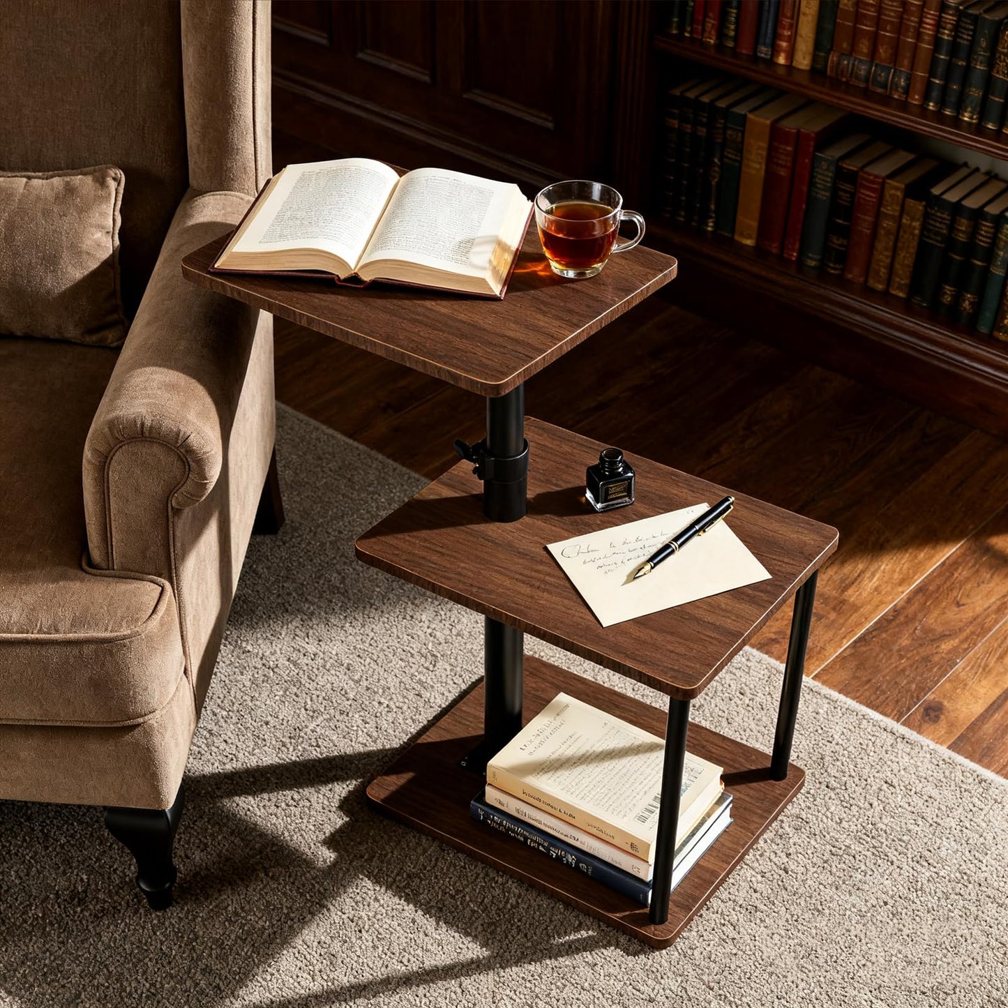 Faesun Swivel Side Table for Couch Arm, Height Adjustable C Shaped End Table for Recliner or Bed, Tv Trays with Storage Shelf for Small Spaces- Small Nightstand for Living Room, Bedroom