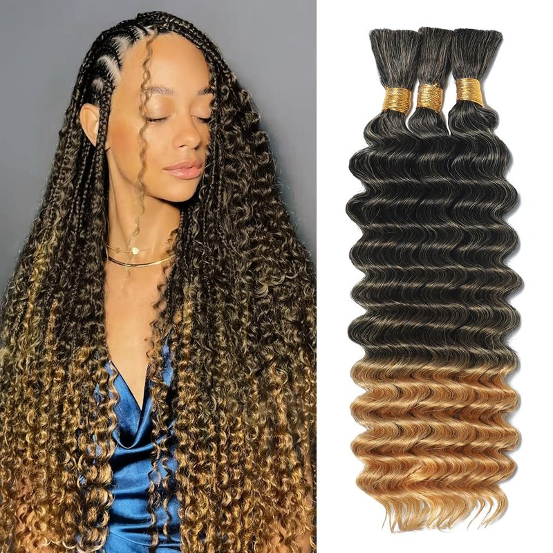 Ombre Human Braiding Hair for Boho Braids 14 Inch 120g Deep Wave Bulk Boho Human Hair for Braiding Curly Knotless Bohemian Braids 12A 100% Brazilian Virgin No Weft Extensions 3 Bundles/Pack T1B/27