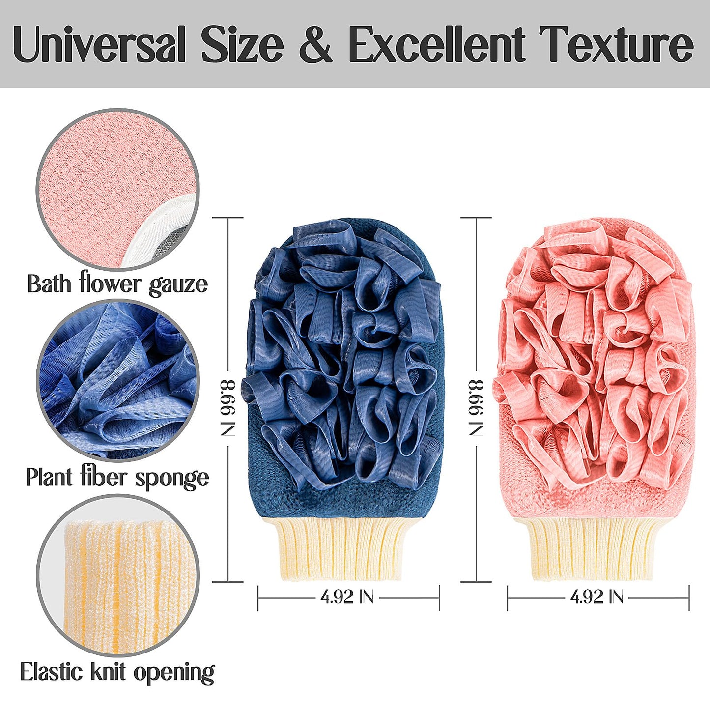 Deep Exfoliating Mitts (2pcs) Double-Sided Gloves for Shower, Body Massage Scrub & Bath Loofah Sponge，Skin Exfoliator, Dead Skin Remover (Pink & Blue)