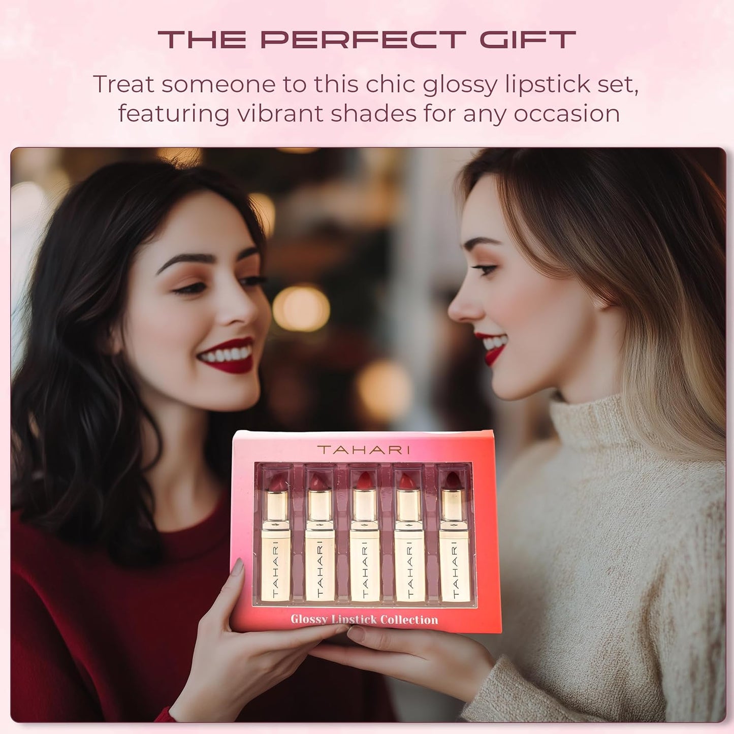 VOTUM Tahari 5pc Lipstick Set – Multi-Finish Lipsticks for Women, Matte, Cream, and Pearl, Long-Lasting Lipstick Color Gift Set (Red)