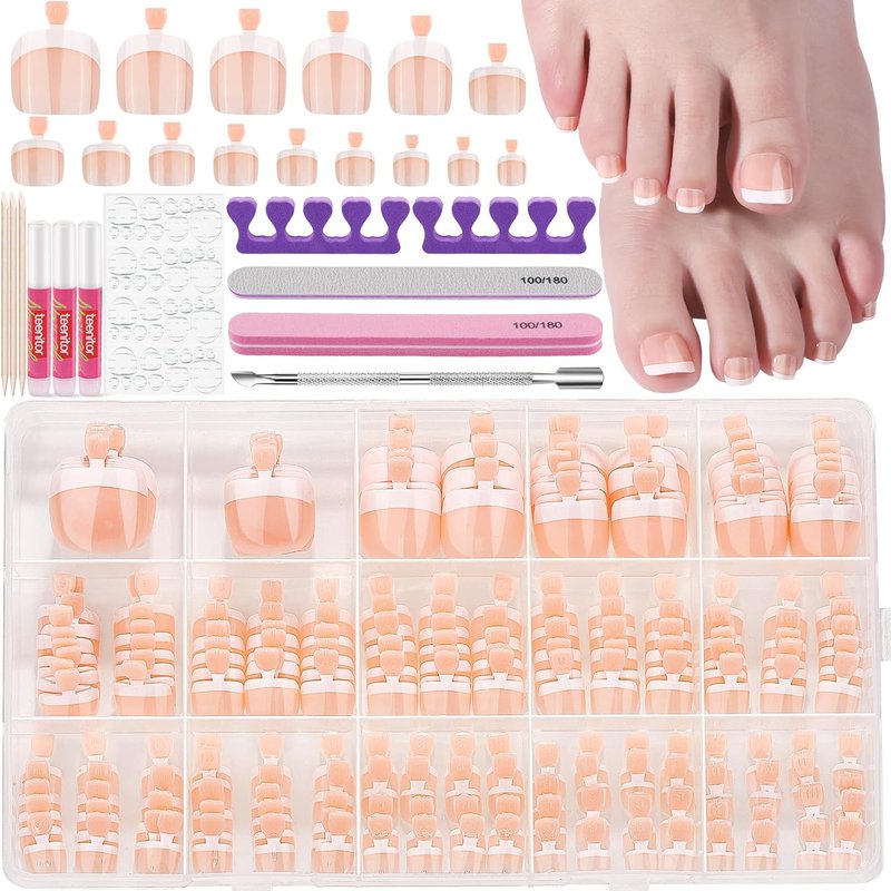 Press On Toenails for Women - 240 Pcs French Tip Set with Nail Glue | 15 Sizes Available