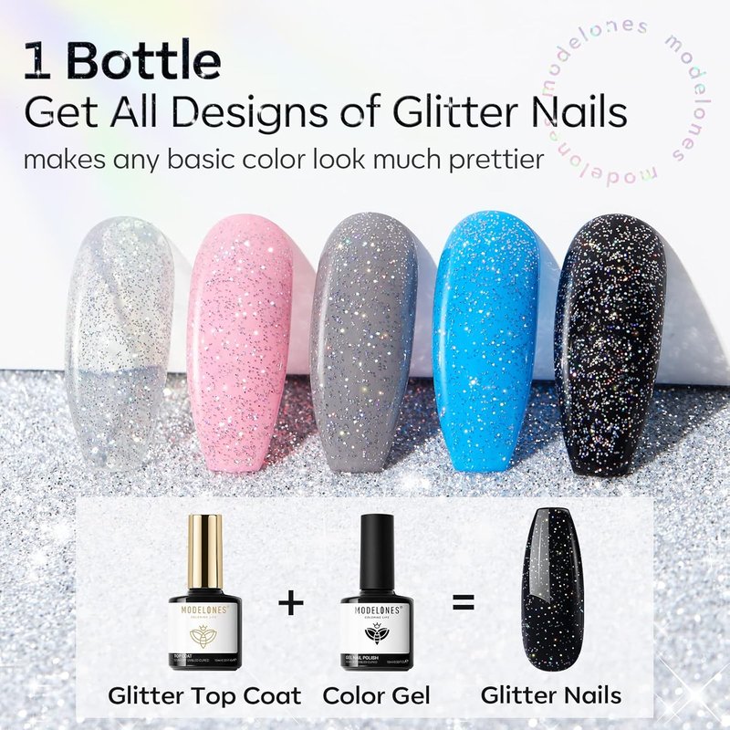Modelones Glitter Gel Top Coat - Reflective Iridescent Silver Glitter | Long-Lasting No Wipe Nail Polish