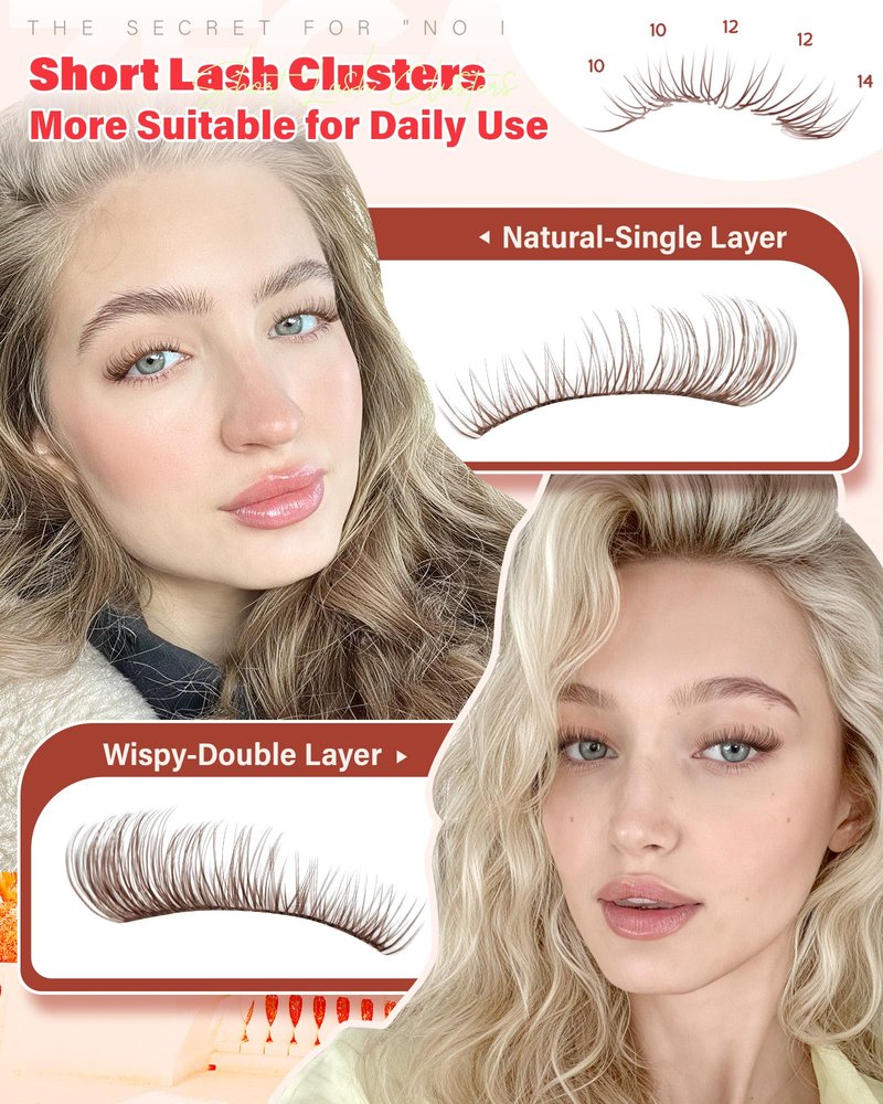 Short Brown Lash Clusters 10-12-14MM Natural Eyelash Clusters Clear Band Wispy Cluster Eyelash Extensions C-Curly Short Lashes Clusters Brown Natural Cluster Lashes 144Pcs by Zegaine