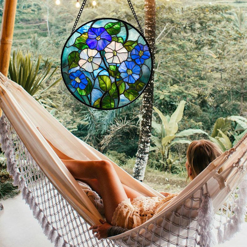 HWRHTR Stained Glass Window Hanging - Blue White Morning Glory Birth Flower Suncatcher for Door Garden Yard Sun Catchers Decor Christmas Mother's Day Birthday Gifts for Women Mom Nana Friend 6.3 in