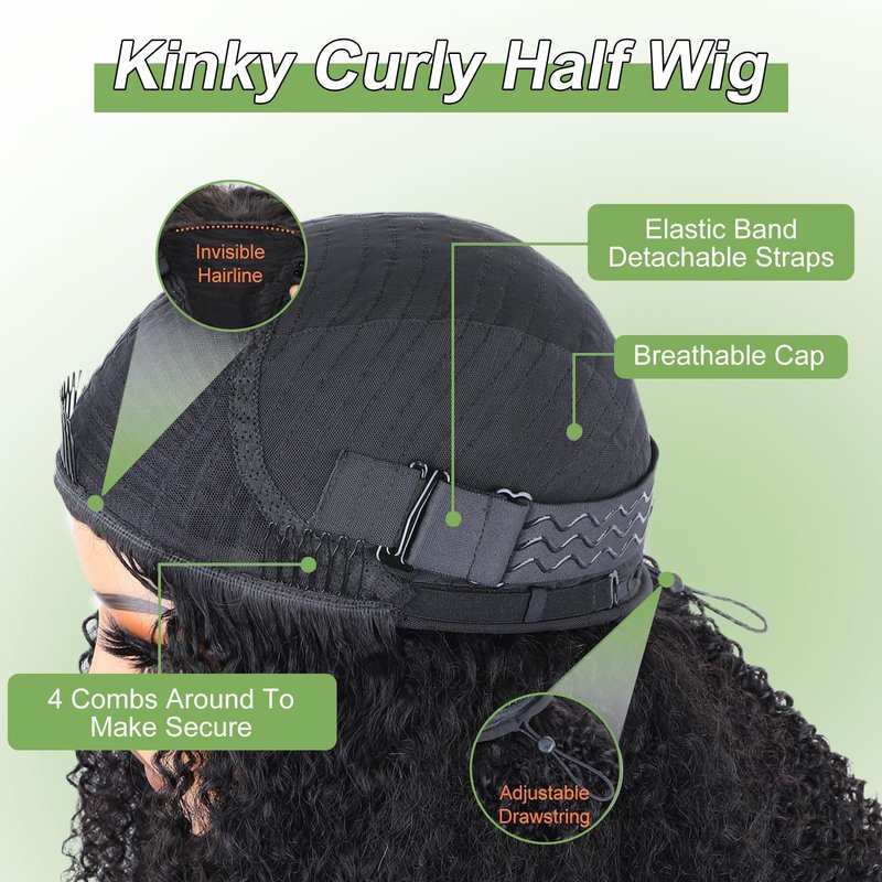 Kinky Curly Half Wig Human Hair 200 Density 3 In 1 Seamless Flip Over Half Wig 20 Inch Drawstring Headband Wig Human Hair Glueless Wear and Go Beginner Friendly Curly Human Hair Wigs for Women