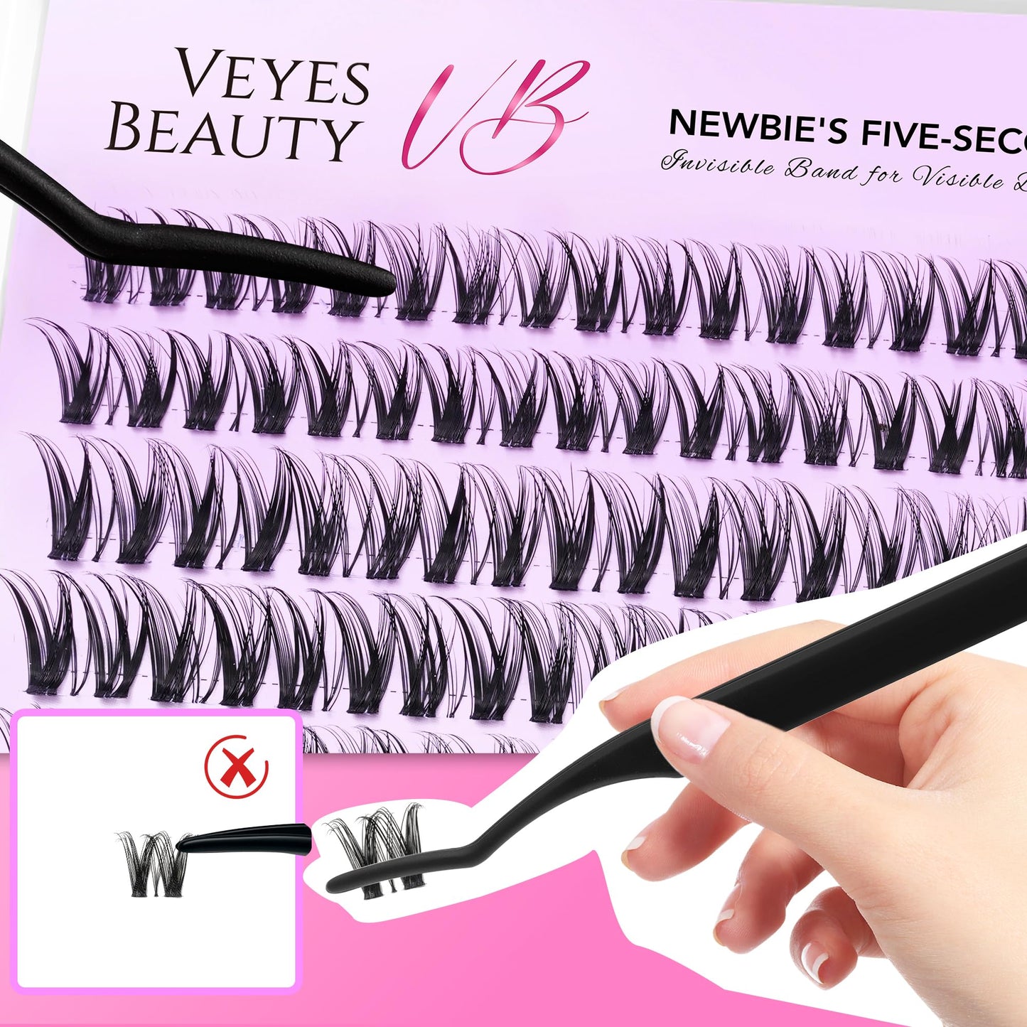VEYESBEAUTY Lash Clusters Individual Eyelash Extensions Thin & Invisible Band DIY False Eyelashes for Self-application Newbie's Five-Second Series Wispy Lash Tray, Ribbon 8-16mm Mixed Length
