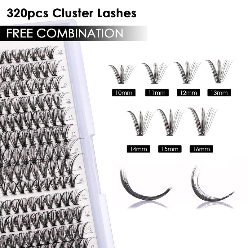 DIY Lash Extensions Kit - 320pcs Individual Lash Clusters 30D & 40D | Applicator, Bond & Seal, Glue Remover, 10-16mm
