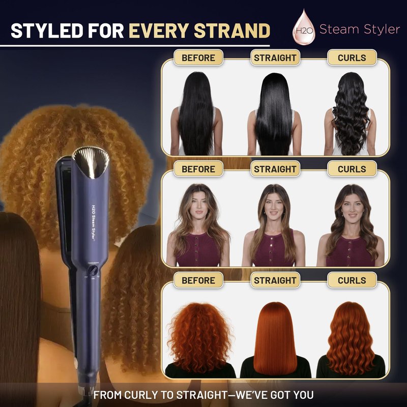 H2O Steam Styler Ultimate Steam Hair Straightener & Curler, Salon Results Frizz Control, Shine & Hydration, Infrared Heat & Ion Therapy for All Hair Types (Slim - 1.2")