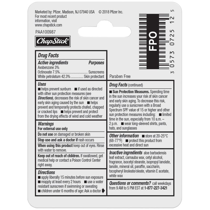 ChapStick Moisturizer Original Lip Balm Tubes, SPF 15 and Skin Protectant - 0.15 Oz (Pack of 12)