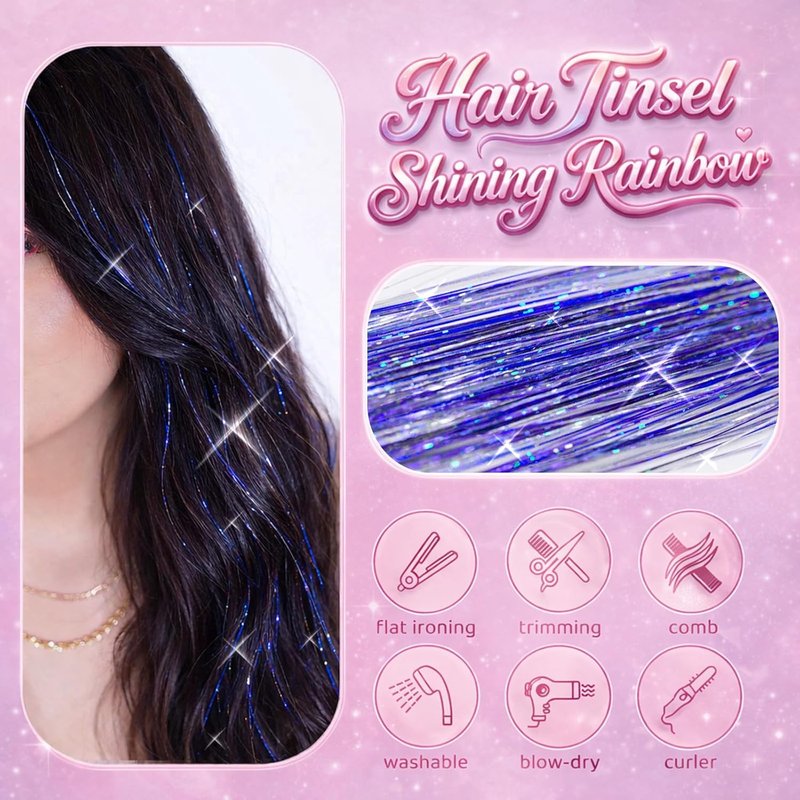 Blue Hair Tinsel, 8 Pcs Fairy Hair Tinsel Kit for Girls Women 48 Inch 3200 Strands with Tools Hair Accessories Glitter Tinsel Hair Extensions for Party Festival Christmas (Blue)