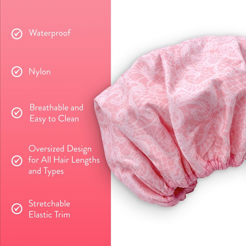 Reusable Nylon Shower & Bath Cap, Reversible Oversized Waterproof Shower Caps Large Designed for all Hair Lengths w Terry Lining & Elastic Band Stretch Hem Hair Hat - Socialite Pretty in Pink Lace