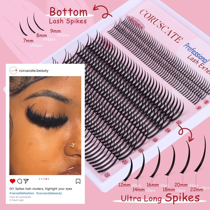 CORUSCATE Lash Clusters with Spikes Ultra Long 12-22mm Lash Spikes 7-9mm Bottom Lashes Supply Cluster Eyelash Extensions For Pros Multi-Eye Lash Styles DIY Eyelashes for Manga/Spiky/Mega Look