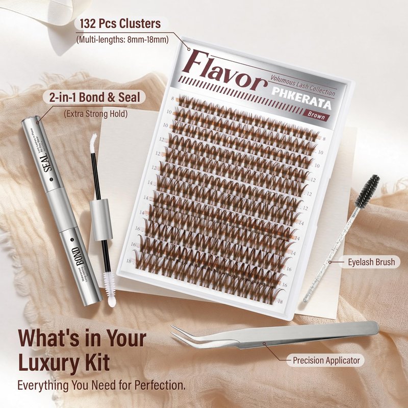 Flora Brown Lash Clusters Kit Wispy Brown Cluster Eyelash Extensions Kit, Natural C Curl Lash Extension Kit 8-18mm Individual Lashes DIY with Bond and Seal & Tweezers, 132Pcs