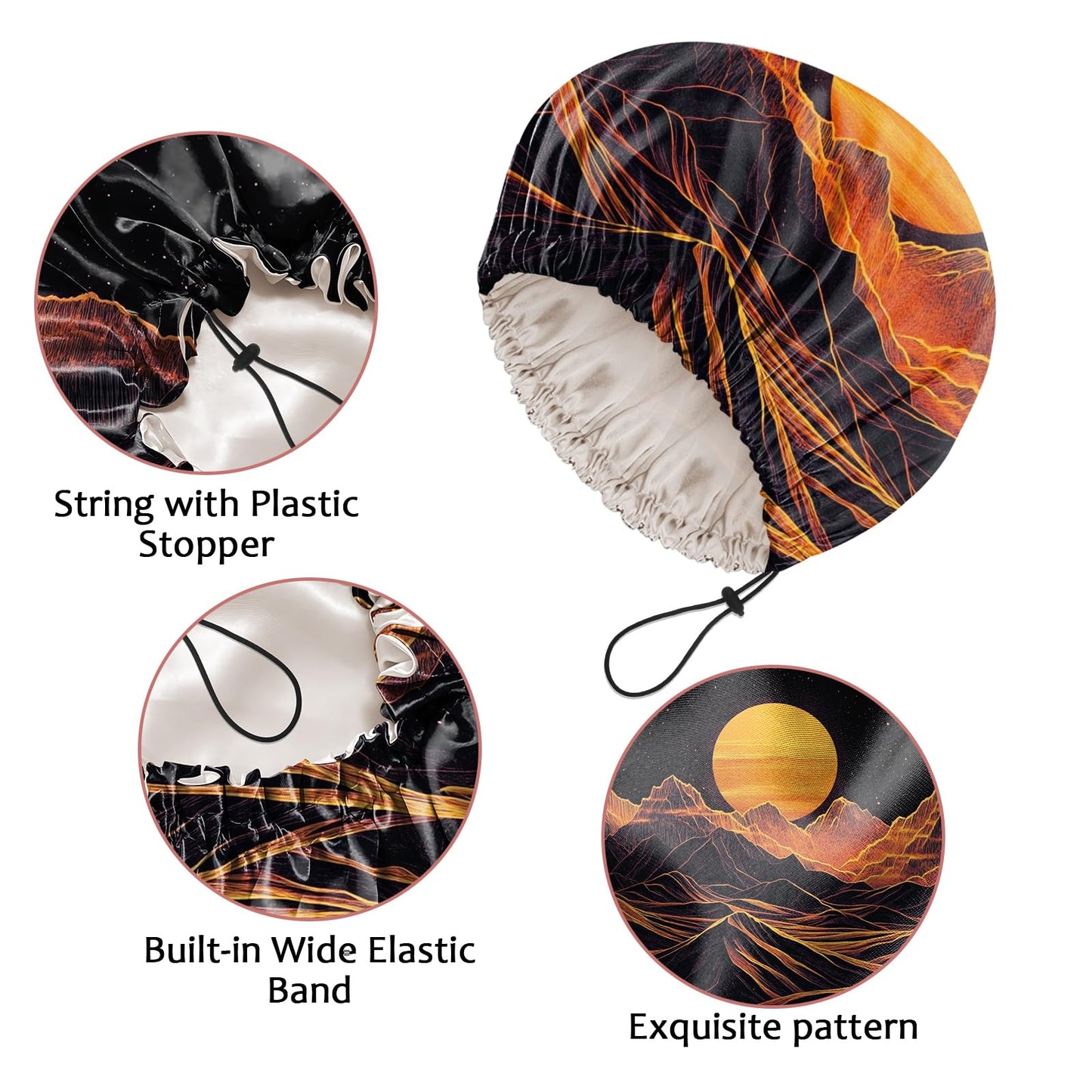 Cabreche Luxury Shower Cap Satin Silk Lined Adjustable Elastic Reusable Waterproof Shower Bath Cap Cute for Women Girls-Sunset
