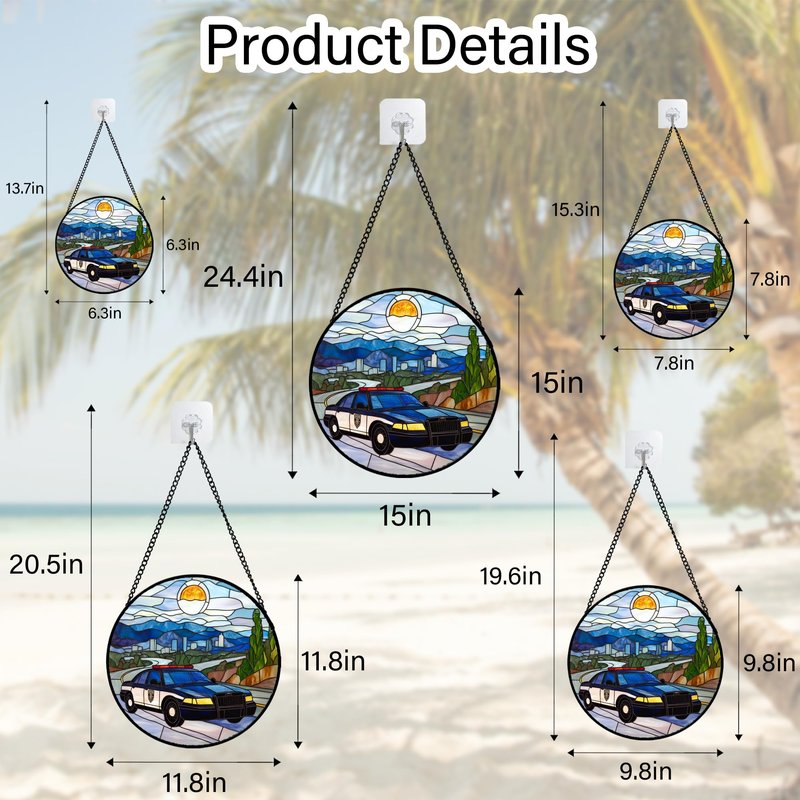 QZQCBLC Stained Glass Window Hanging Blue White Sunset Police Car 6.3" - Suncatcher Door Garden Sun Catcher Home Decor Birthday Christmas for Mom Men Woman Wife Friend Nana