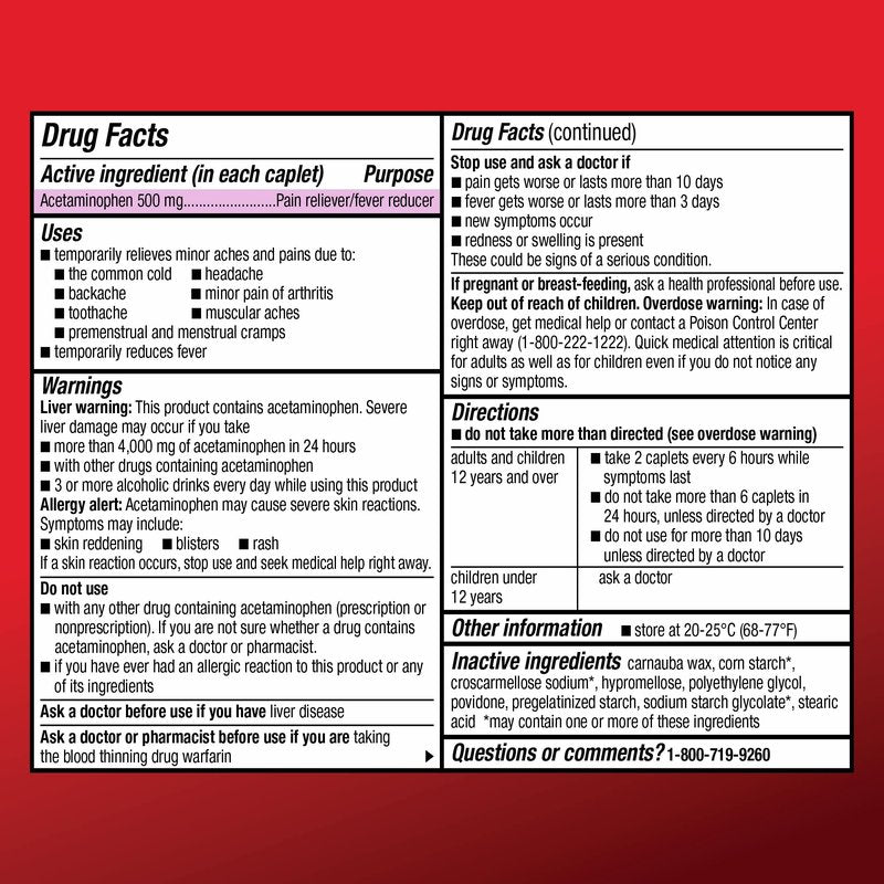 Amazon Basic Care Extra Strength Acetaminophen Caplets 500 mg, Pain Reliever and Fever Reducer, Gentle on Stomach, For Arthritis Pain, Backache Pain and More, 50 Packets of 2 Capsules Each, 100 Count