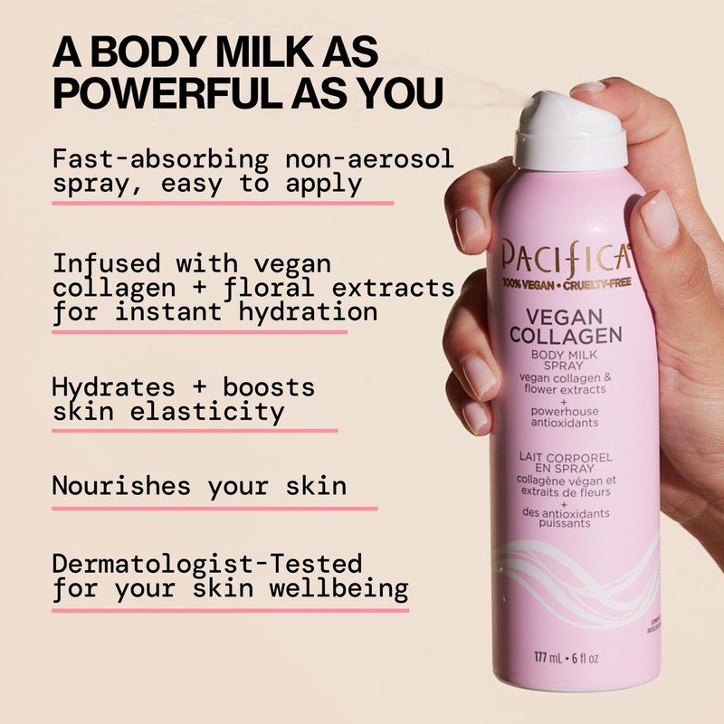 Pacifica Spray Lotion for Body - Vegan Collagen Body Milk Spray – Hydrating Moisturizer Mist Fast-Absorbing Instantly Hydrates & Softens Skin Jasmine & Vanilla Natural Scent Clean Beauty Non-Aerosol