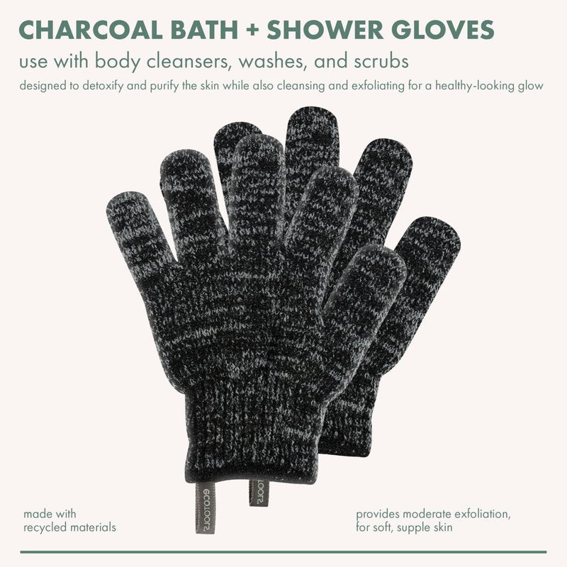 EcoTools Charcoal Bath + Shower Gloves, Exfoliating Gloves Remove Dead Skin & Cleanse Whole Body, Bath Gloves Infused With Charcoal To Scrub & Purify Skin, Cruelty Free, 1 Pair (2 Gloves)