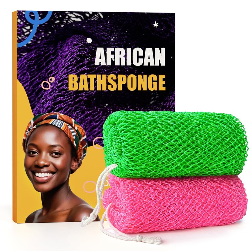 2 Pieces African Net Sponge Authentic, Durable Back Scrubber Washcloth for Shower, Exfoliating Net Sponge for All Skin, Bathing Accessories for Women (Pink and Green)