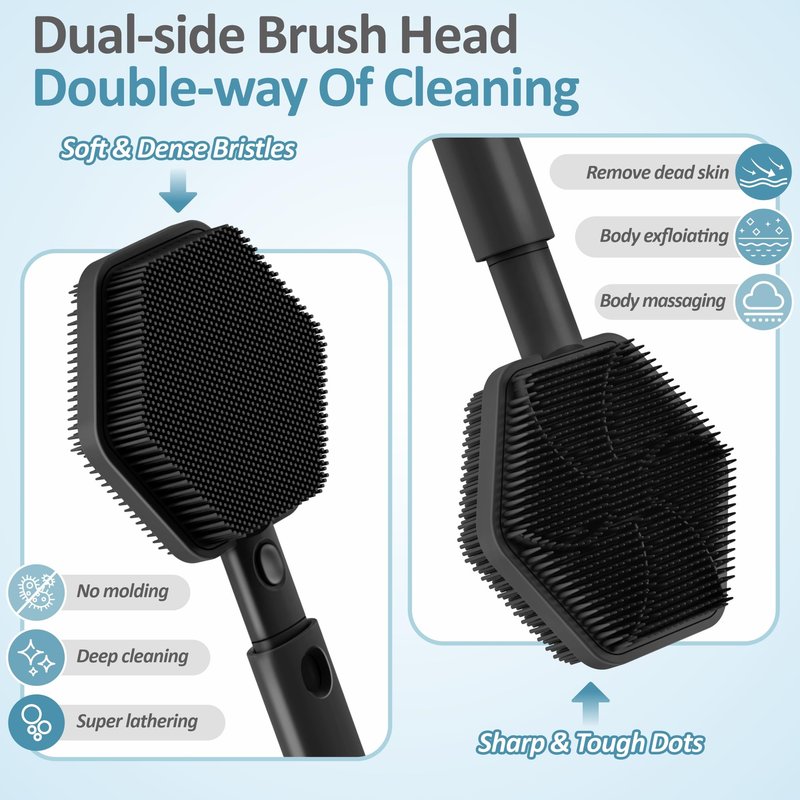 GEENOA Silicone Back Scrubber for Shower, 16''-21''Extendable Shower Back Scrubber with Dual-Side Large Brush Head, 3-Length Back Brush Bath Brush with Strong Handle & Rich Foaming Bristles(Black)