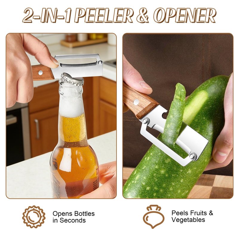2026 Upgrade Vegetable Peeler With Wooden Handle, Stainless Steel Wide Blade Potato and Carrot Peeler, 3-in-1 Veggie Peeler With Scallion Shredder and Bottle Opener for Kitchen, Camping and Travel