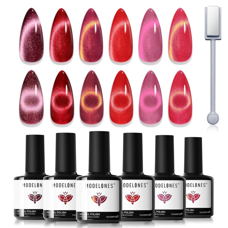 Modelones Cat Eye Gel Nail Polish Set - 6 Colors Including Red Glitter & Burgundy Ruby | Soak Off LED Gel for DIY Nail Art