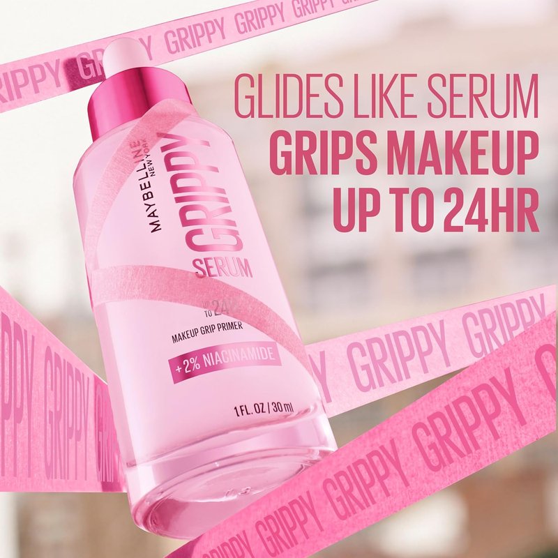 Maybelline Grippy Serum Primer - Hydrating Makeup Primer with 2% Niacinamide | 24HR Wear, Clear, 1 Count