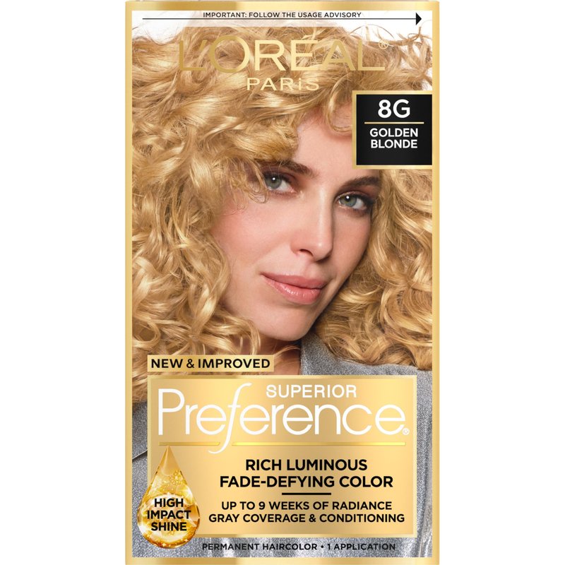 L'Oreal Paris Superior Preference Luminous Fade-Defying Permanent Hair Color, Hair Dye For Up to 9 Weeks of Radiance, Golden Blonde 8G, 1 Hair Dye Kit