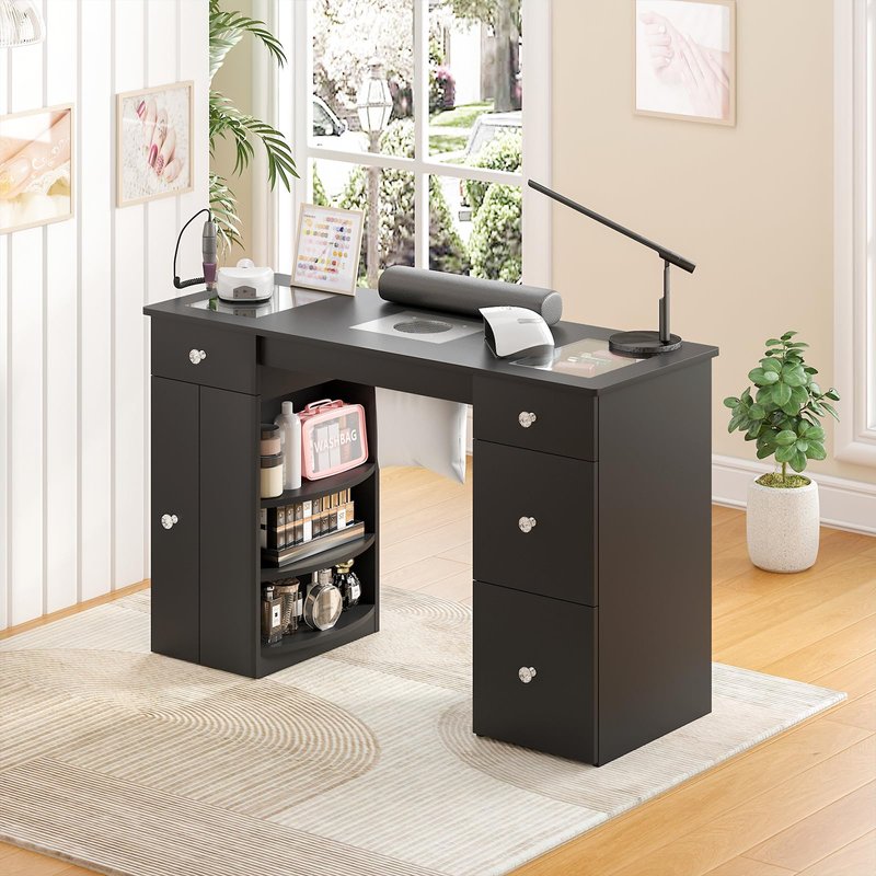 Manicure Table for Nail Tech with Glass Top, Visible Drawers & Trash Bag Holder, Acetone-Resistant Manicure Nail Desk, Beauty Salon Workstation with Wrist Rest & Electric Dust Collector (Black)