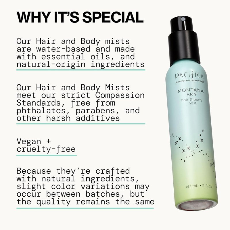 Pacifica Hair Mist Perfume - Montana Sky Body Spray for Women | Alcohol-Free, Vegan, 5 oz